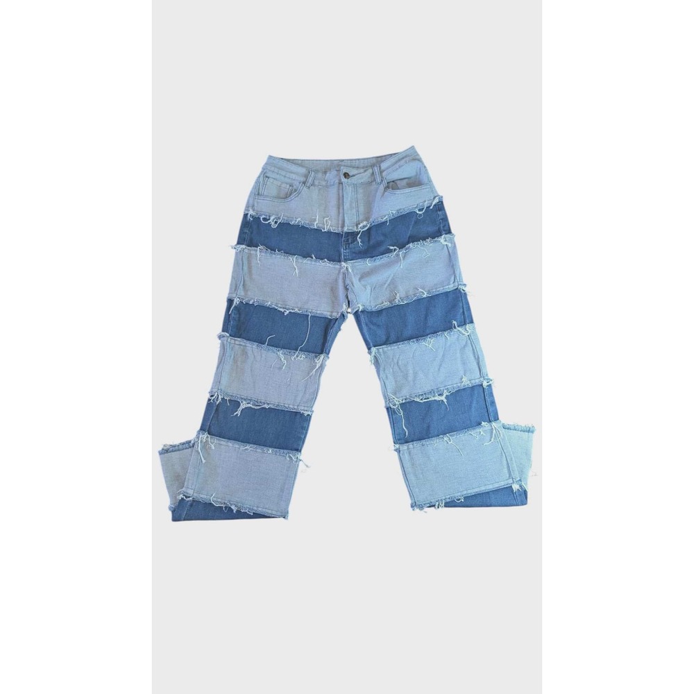 Patchwork Denim Jeans Distressed Raw Hem Y2K Style size L